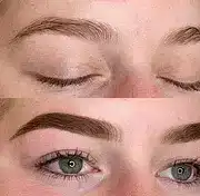 Before and after images showing eyebrow transformation with shaping and makeup.